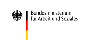 Auf weißem Hintergrund ist auf der linken Seite der Bundesadler positioniert. In der Mitte sind Deutschlandfarben in einer Linienform dargestellt. Daneben steht Bundesministerium für Arbeit und Soziales.